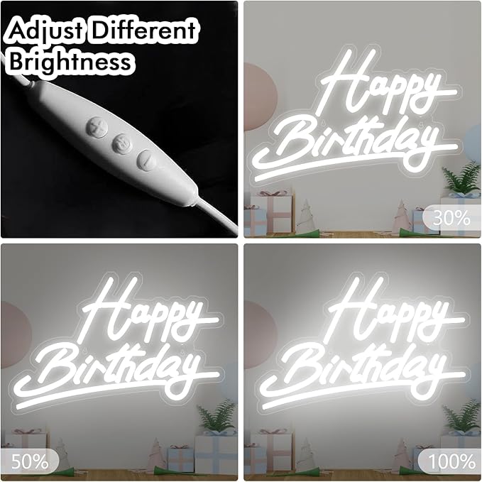 Large "Happy Birthday" Neon Sign, USB & Battery Powered (14.3"x22.4"), Adjustable Brightness, White LED Wall Decor for Parties & Celebrations