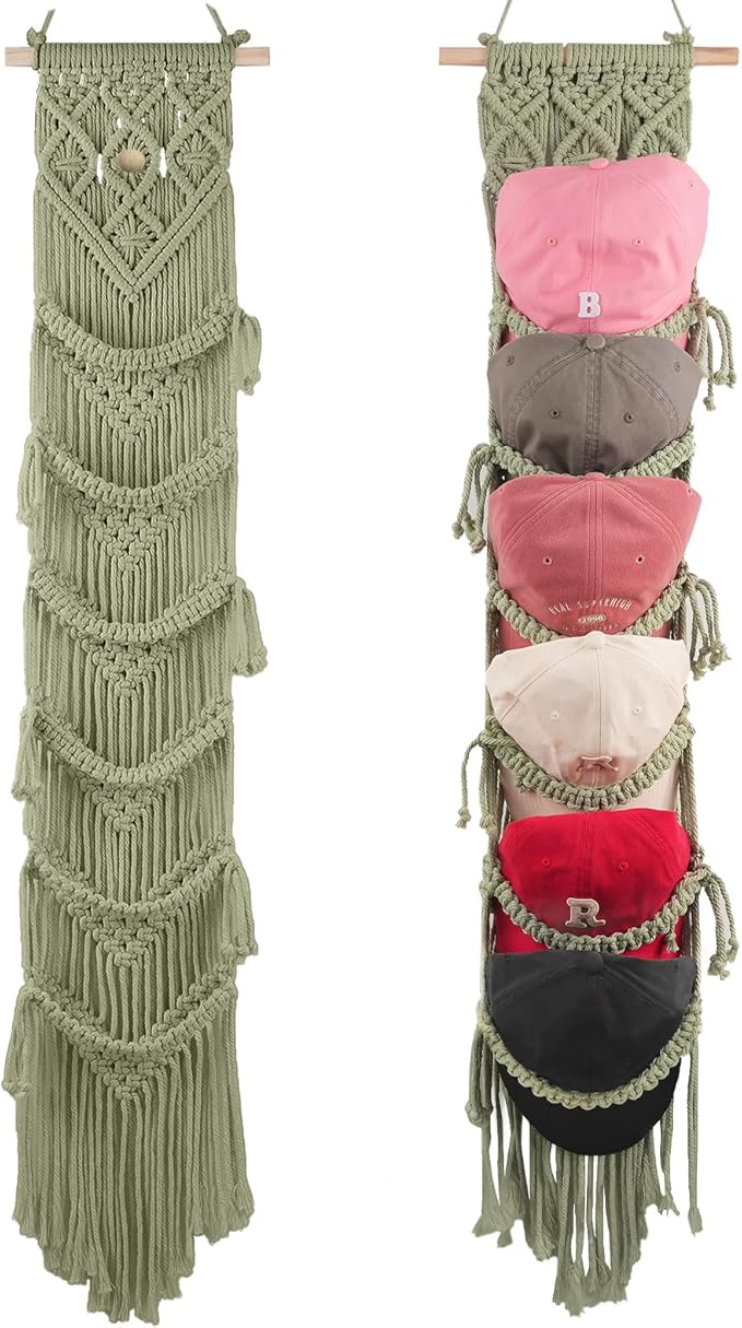 2PCS Macrame Cap Holders Boho Hat Hangers Over Door Ball Cap Rack Organizer Decorative Bohemian Handmade Woven Wall Hanging for Baseball Cap Display Decoration (Green, Up to 24 Caps)