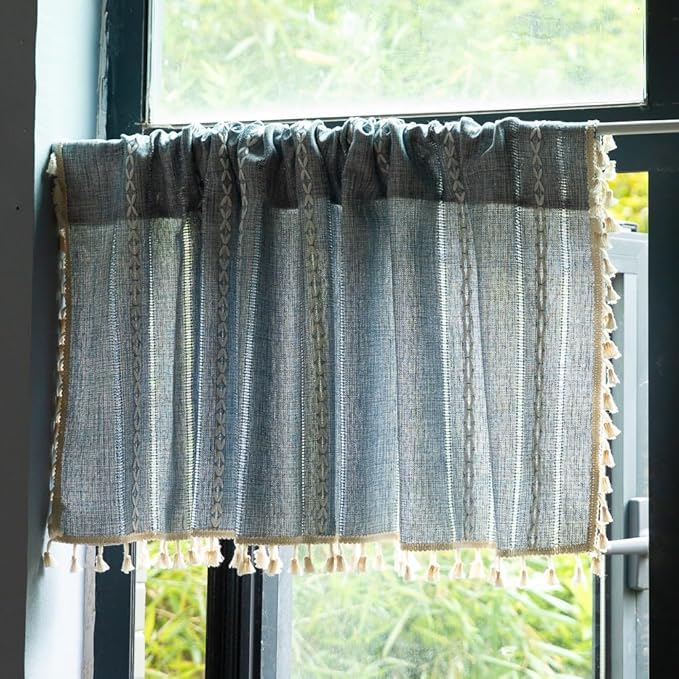 Sutuo Home Blue Boho Curtain 52W x 36L inch White Striped Light Filtering Short Valance Tier, 1 Panel Embroidery Bohemian Farmhouse Country Kitchen Window Treatment Decor for Small Closet