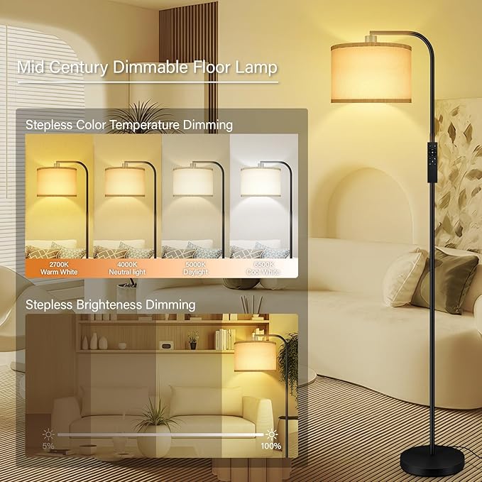 Dimmable Floor Lamp for Living Room,Arc Sofa Lamps with Remote Control,Stepless Dimmable Brightness & Colors Temperature 2700k-6500k,67 In,Tall Flexible Standing Lamp for Bedroom Study Room Office