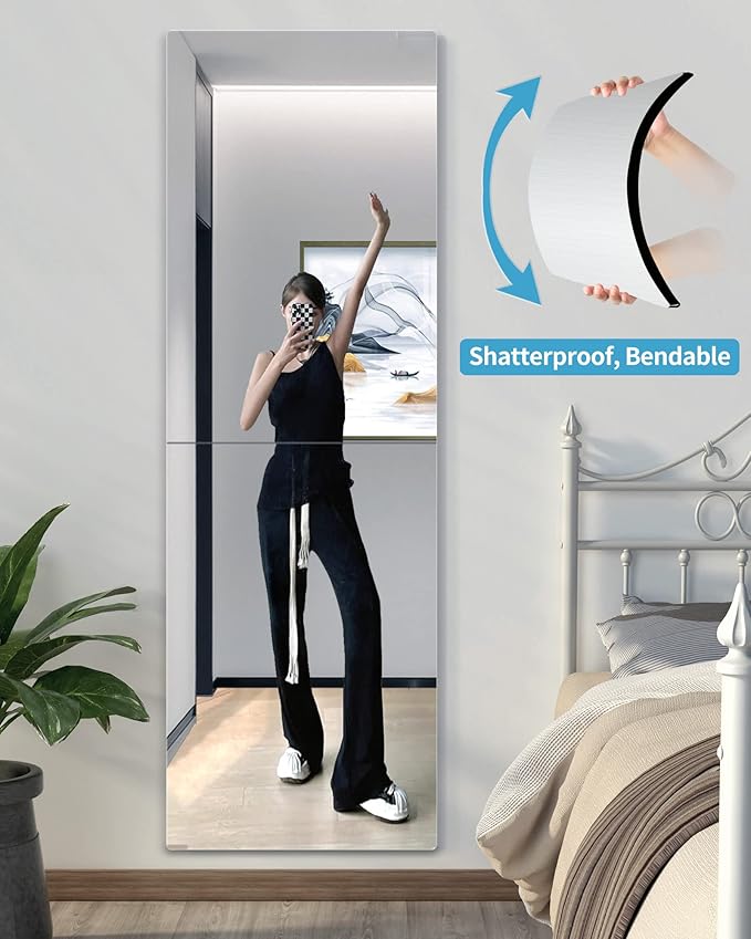 Shatterproof Full Length Mirror Wall Mounted Frameless,Made of Acrylic Plexiglass,Unbreakable Thick: 0.16'', 48''x14'',Workout Gym Mirrors for Home Gym, Silver, 2 Pack,24''x14''x0.16''