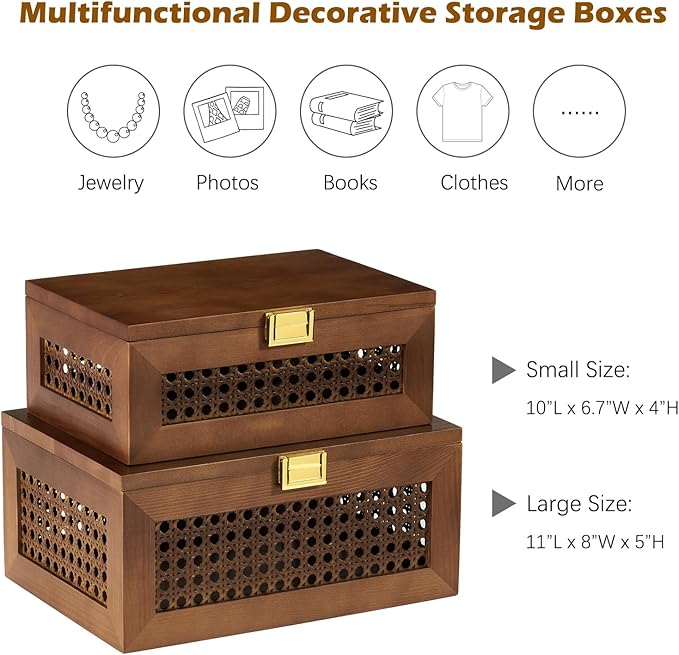 2PCS Decorative Rattan Storage Boxes Solid Wood Baskets Bins with Lid Keepsake Memory Jewelry Box Natural Boho Shelf Wicker Closet Desk Organizer Container (Walnut, 1 Large 1 Small)