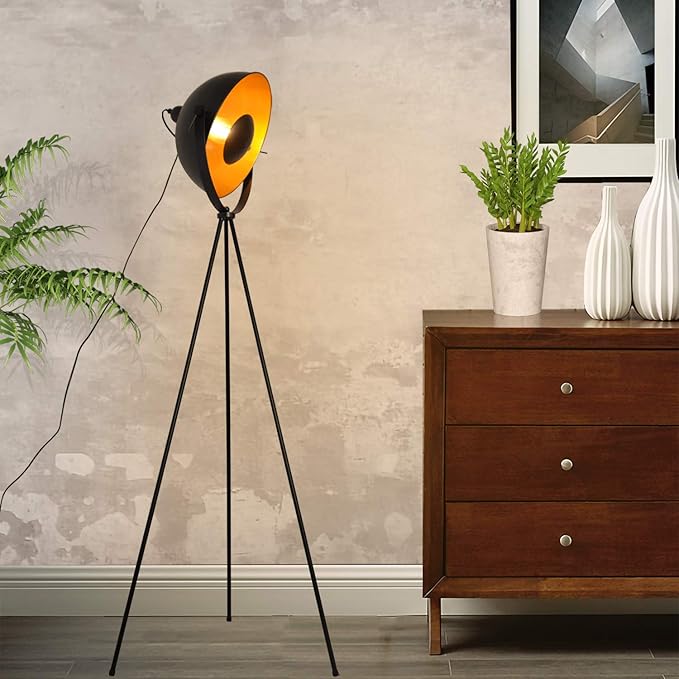 Modern Industrial Tripod LED Satellite Floor Table Lamp - Vintage Adjustable Reading Standing Desk Light Deco - Movie Media Nautical Elegant Design Lighting for Living Room Bedroom(Black,E26 Base)