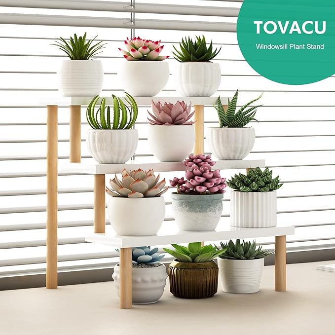 Windowsill Plant Stand Shelf 3 Tiers Desktop Organization and Storage Shelf Bathroom Countertop Corner Cupcake Display Stand for Table Wood Ladder,White