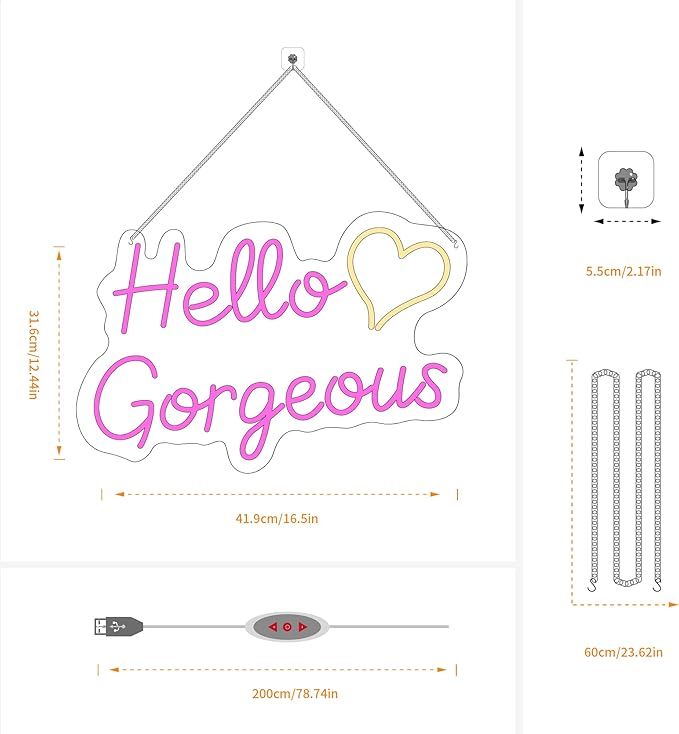 Hello Gorgeous Neon Signs for Wall Decor, for Sign with Dimmable Switch - for Girls Bedroom, Makeup Room Decor Home Wedding Birthday Backdrop (Pink,16in)