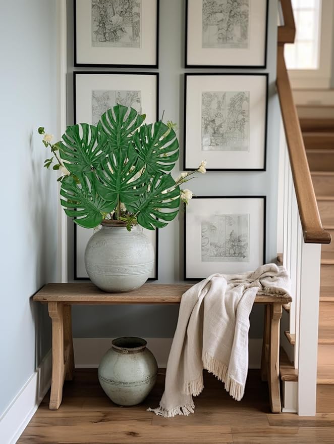 DILATATA 6 Pack Artificial Monstera Leaves with Long Stem for Vase - Fake Tropical Plants Palm Leaves Realistic Philo Turtle Leaves for Home Wedding Party Decor - Medium