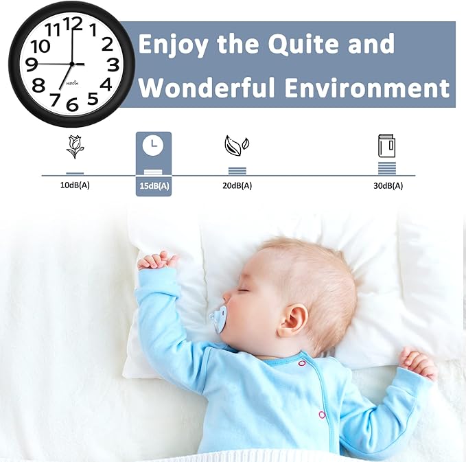 HIPPIH 2 Pack Silent Wall Clock, 10 Inch Non Ticking Quiet Digital Sweep Decorative Battery Operated Wall Clocks for Living Room Bedroom Kitchen School Office Decor, Black