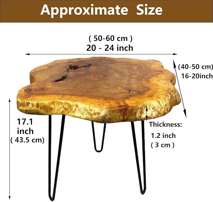 Live Edge Coffee Table, Natural Wood Side Table for Living Room with Metal Hairpin Legs, Large Wooden Rustic End Table Desktop (Medium)