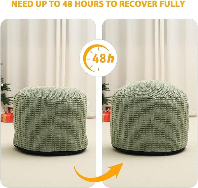 Round Stuffed Pouf Ottoman for Foot Rest, Storage Ottoman Pouf Foot Stool Cushion, Faux Fur Poufs with Foam Chunk Filling, 26 X 18 Inch Floor Chair for Living Room Bedroom Home Decor, Green