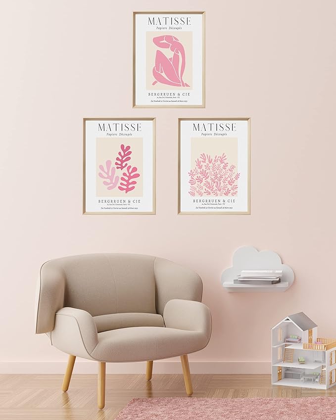 Framed Matisse Pink Canvas Wall Art,Abstract Matisse Canvas Wall Decor,16x12IN High Framed Wood Design Prints,Minimalist Wood Frame Posters for Living Room,Bedroom,Bathroom Set of 3