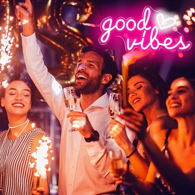 Good Vibes Neon Sign for Wall Decor, Good Vibes Neon Lights Sign, 16"x8" Heart and Good Vibes LED Signs for Bedroom Wall, USB Operated Pink Goodvibes LED Neon Lights Sign for Room Wall Decor