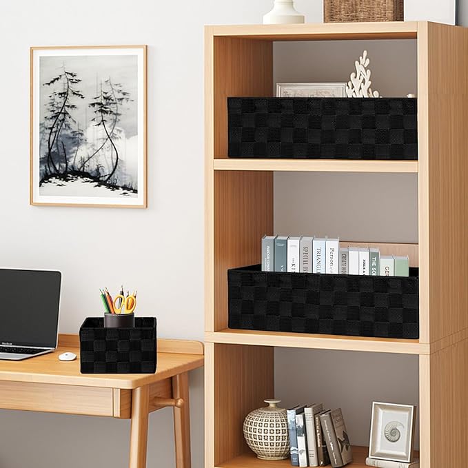Drawer Organizer, Cube Baskets for Storage Shelves, Handmade Small Woven Basket, Shallow Storage Bins for Organizing Desk, Dresser, Kitchen, Pantry, Nested 7 Pack, Black