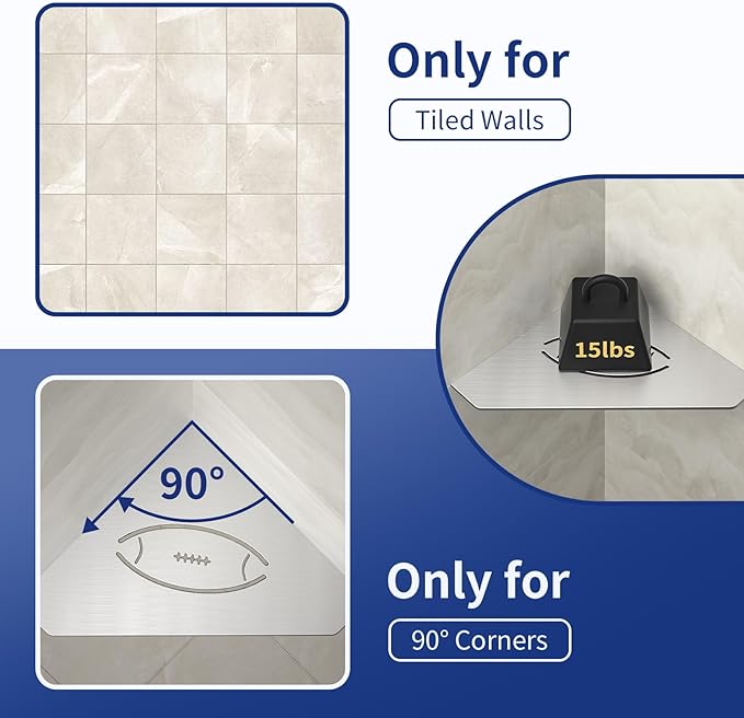 Corner Bathroom Shelf 10", 304 Stainless Steel Pentagonal Heavy Duty Floating Shelf with Football Hollows for Tiled Wall (Brushed)
