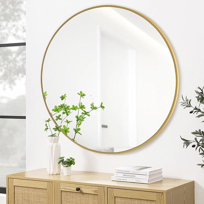 CULER Round Gold Bathroom 36 Inch Mirror,Circle Wall Modern Mirror for Bedroom,Hanging Vanity Tempered Glass Mirrors for Entryway or Living Room