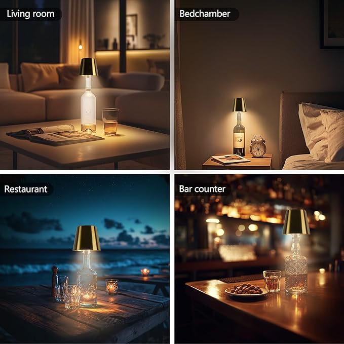 Wine Bottle Lamp, 2025 New 3 Color Rechargeable Wireless Bottle Lamp for Liquor Bottles with Touch Dimming for Parties, Restaurants & Home Decor (Gold)