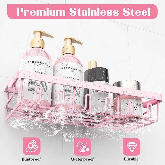 2 Pack Adhesive Shower Caddy, Rustproof Stainless Steel Shower Racks for Bathroom Organizers & Storage, Pink Wall Mounted Shower Shelves for Inside Shower Apartment Bathroom Essentials