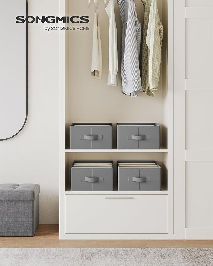 SONGMICS Set of 4 Large Size Wardrobe Clothes Organizers, 6-Compartment Foldable Drawer Organizers with Handles, 16.5 x 11.8 x 6.7 Inches, for Pants, Sweaters, Jeans, Dove Gray URUS009G04