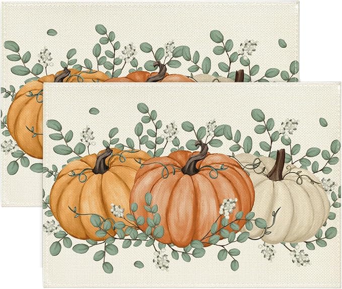 Artoid Mode Orange Pumpkin Eucalyptus Fall Placemats Set of 2, 12x18 Inch Seasonal Table Mats for Table Runner Party Kitchen Dining Decoration