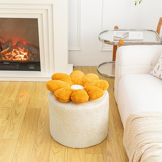 Flower Pouf Ottoman 18x15 Inches Charm Floor Pouf for Home Decor All-in-One Foam Filling Ottoman Foot Rest for Couch Living Room Bedroom Kids Room Ivory and Orange