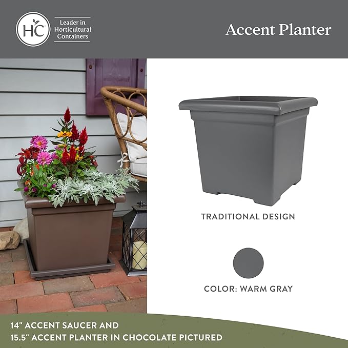 The HC Companies Accent Square Plant Pot w/Drainage - Classic Planters for Outdoor Plants & Indoor Plants - Lightweight & UV-Resistant Square Planter Box (15.5”, Warm Gray, Pack of 2)