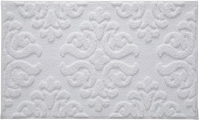 DEXI Bathroom Rug 24x36, Non Slip Washable Bath Mat for Shower Floor, Absorbent Soft Bathmat with Rubber Backing, Plush Fluffy Microfiber Floral Retro Carpet, White
