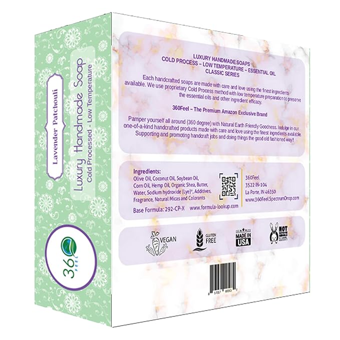 360Feel Lavender Patchouli Soap - Handcrafted Castile Soap Bar with Soothing Scent - Handmade with Essential Oil - Suitable Gift for Anniversaries, Weddings, and Holiday Stockings - Rich Lather