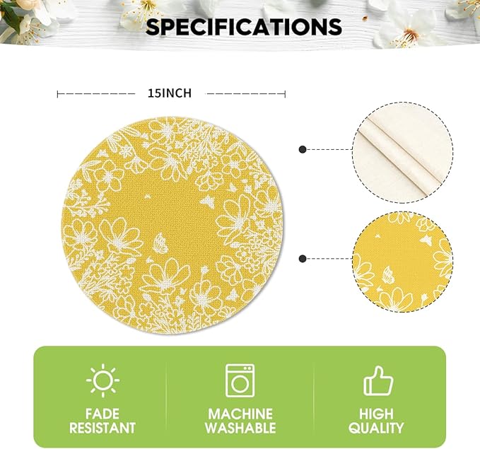 Artoid Mode Yellow Bloom Flowers Spring Round Placemats Set of 4, 14 Inch Summer Holiday Round Table Mats for Dining Decoration