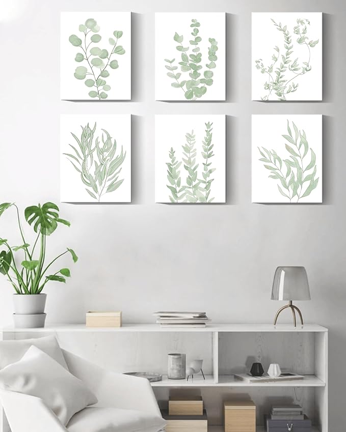 Botanical Eucalyptus Canvas FRAMED Wall Art,Boho Plant Wall Decor for Bedroom,Minimalist Prints for Living Room,Light Green Botanical Art Painting for Bathroom,Set of 6,8”x 10”
