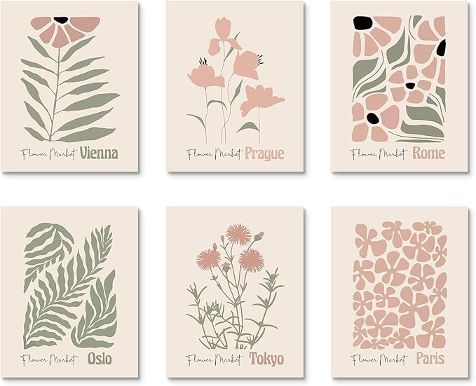Habseligkeit Retro Flower Wall Art Prints, Vintage Boho Wall Decors for Women's Room Aesthtic, Abstract Posters for Girls Bedroom Decor Aesthetic Unframed, 8X10in, Set of 7