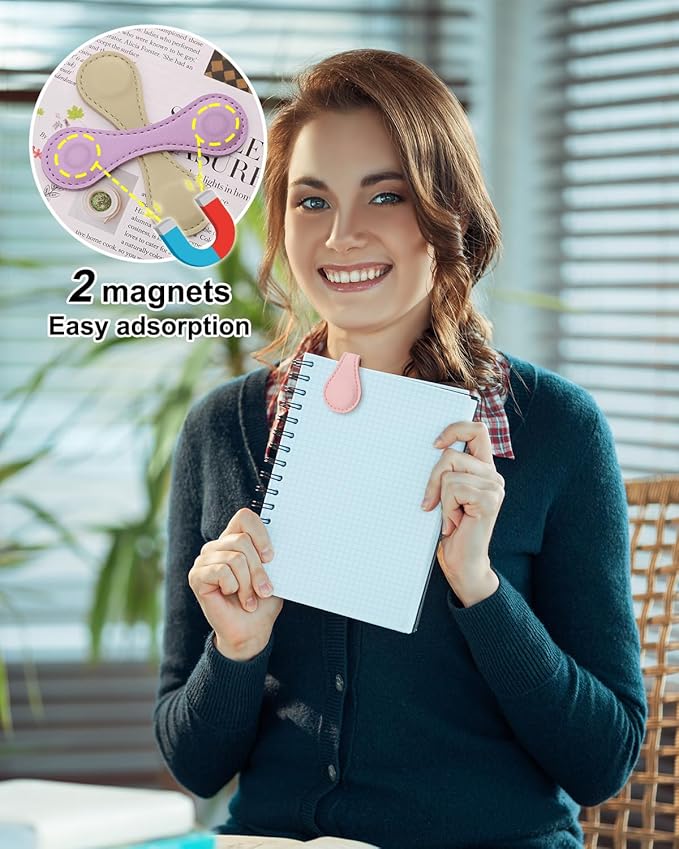 Leather Magnetic Bookmarks, 4Pcs Morandi Magnet Book Mark Clips Gift for Women, Kids, Reading Book Lovers, Teacher Gift for School Office Home Supplies (Blue+Green+Purple+Pink)