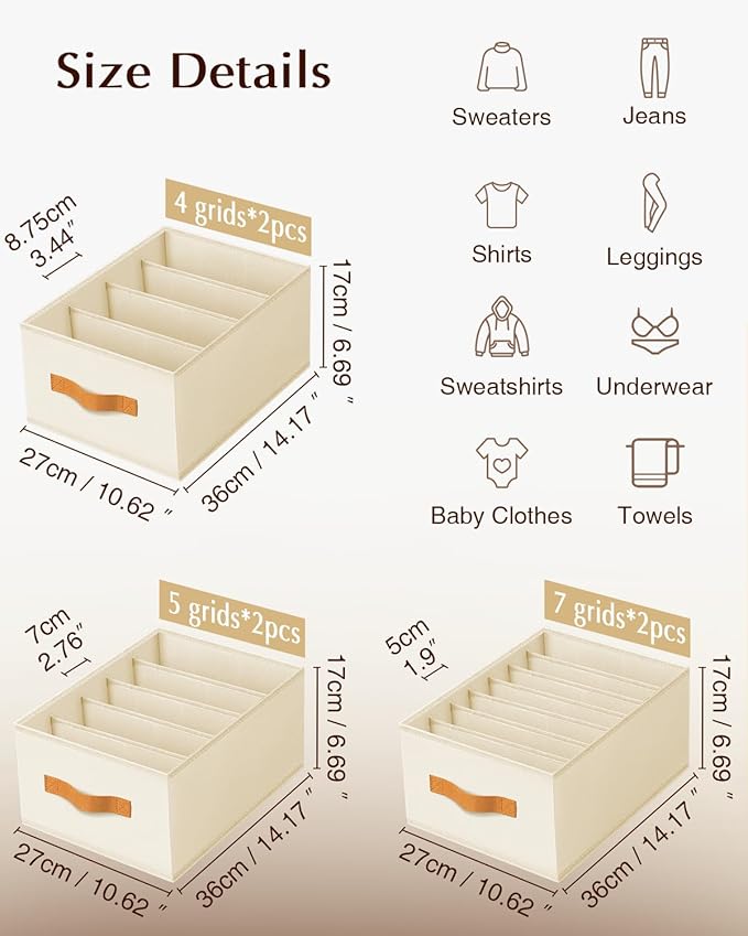 Clothes Organizers and Storage - 4/5/7 Grids Fabric Jeans Organizer with Handles, Foldable Closet Organizers Dividers, Wardrobe organizer for Pant, Sweater, T-shirt, Scarf, 6 Pack, Beige