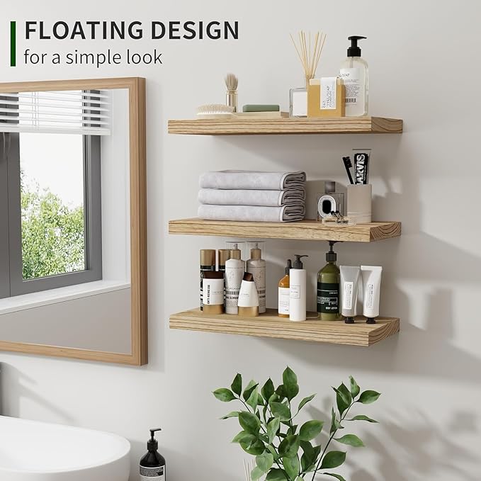 Wood Floating Shelves for Wall Set of 3, 17 Inch Wide Rustic Wooden Floating Shelves, Invisible Wall Mounted Display for Living Room Bedroom Kitchen Bathroom Office, Carbonized Black