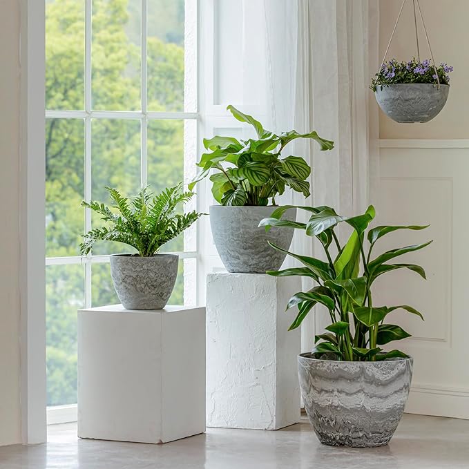 LA JOLIE MUSE Flower Pots Outdoor Garden Planters, Indoor Plant Pots with Drainage Holes, Plastic, Marble Pattern Grey, Set 2 (7.5 + 7.5 Inch)