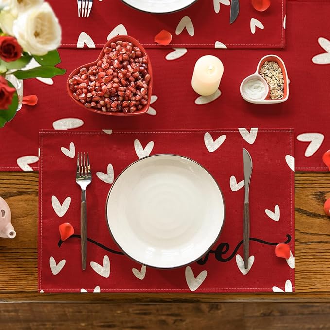 Artoid Mode Red Love Placemats Set of 6, 12x18 Inch Seasonal Anniversary Holiday Table Mats for Party Kitchen Dining Decoration