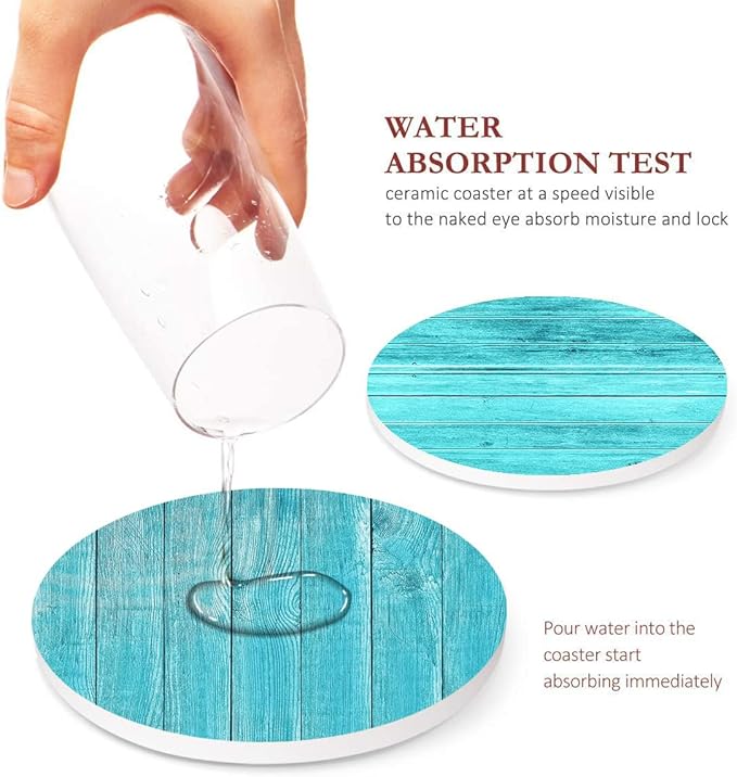 Britimes Coaster for Drinks Set of 6, Wooden Planks Blue Wood Paint Table Absorbent Round Ceramic Stone Mat, with Cork Base and Metal Holder, Gift for Housewarming Room Bar Decor