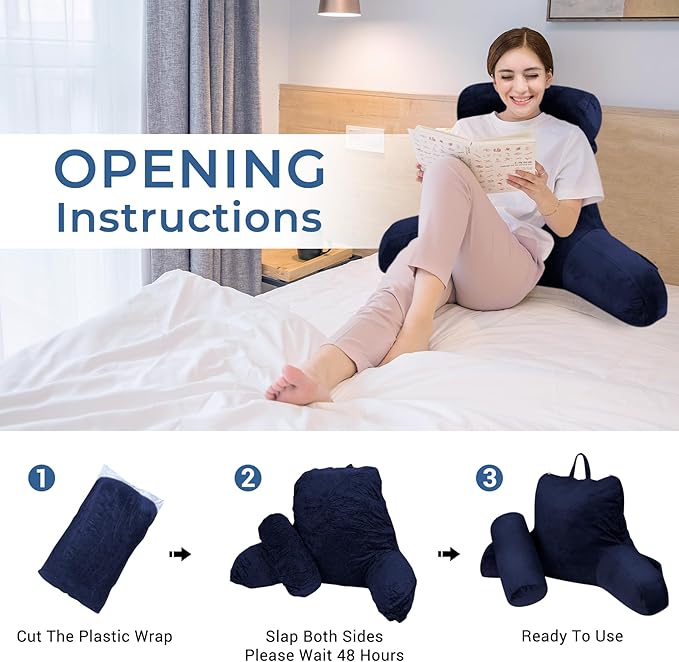 COOLBEBE Reading Pillow for Bed Backrest Pillow for Bed Sitting Up Adult with Arms Navy Back Support Pillow with Headrest & Pockets, Removable Washable Cover and Detachable Neck Roll(Standard 18")