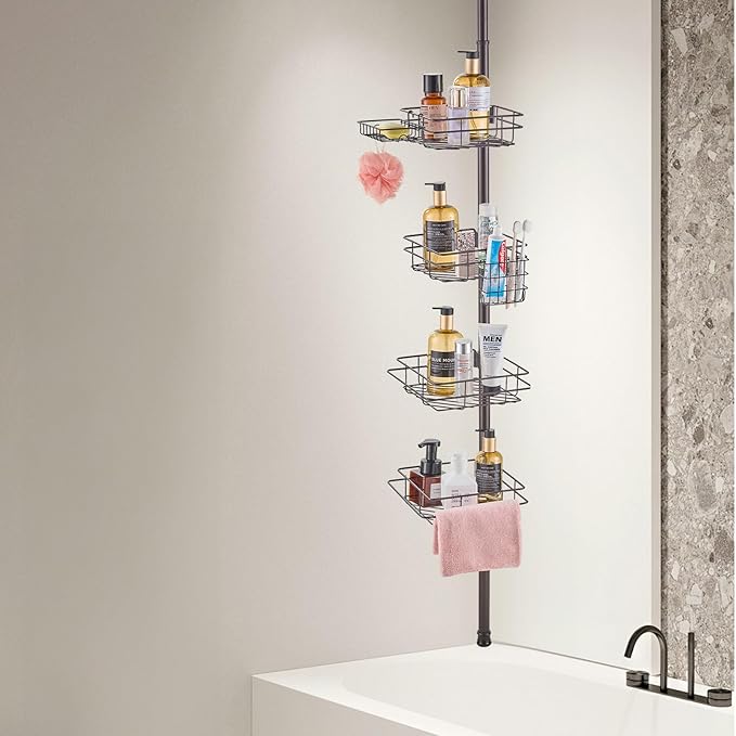 VEVOR Shower Corner Caddy Tension Pole, 42" to 114" High, Multi-Functional Shower Tension Pole with Strong Load-Bearing Tray, Rust-Proof Easy-to-Install, Fit for Bathroom & Washroom