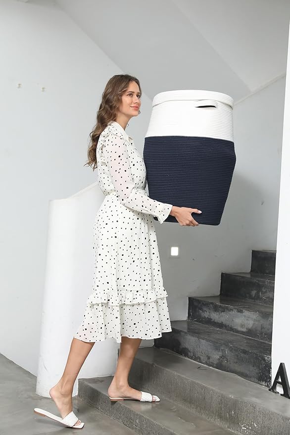 26" x 20" Tall Extra Large Storage Basket with Lid, Cotton Rope Storage Baskets, Woven Laundry Hamper with Cover, for Clothes Blanket in Living Room, Dark Blue/Beige Line