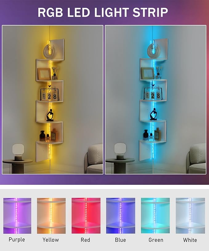 5 Tiers Corner Shelf with RGB LED Lights, 49.2" Wall Mount Floating Corner Display Shelf for Living Room Bedroom Home Office Decor, APP & Remote Control (White)