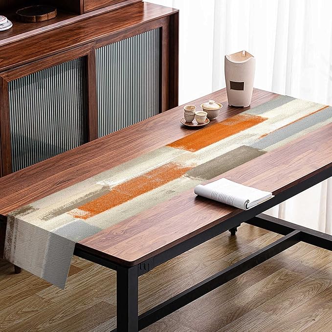 Mcalk Farmhouse Orange Table Runner and Placemats Set of 6 Pieces, Brown Placemats Modern Art,Grey Abstract Art Cloth Place Mats Indoor for Kitchen,Linen Material for Dining Table