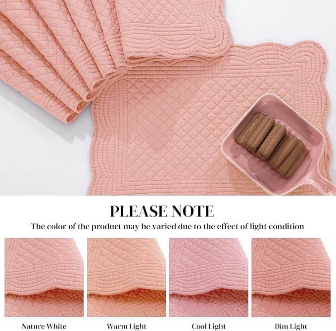 HOMBYS Quilted Placemats Set of 6 Washable-13x18 inches Rectangular Placemats for Kitchen Table-100% Cotton Fabric Rectangular Table Mats, (Blush)