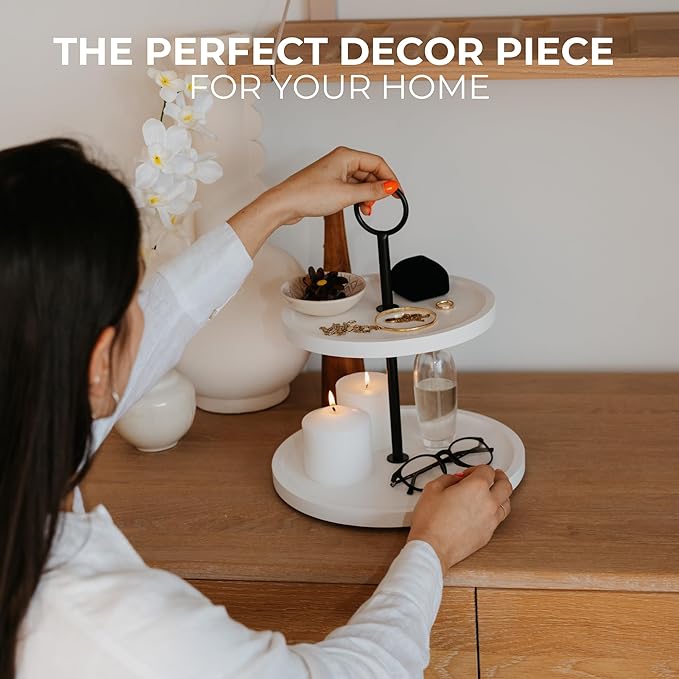 Decorative Wooden Tiered Tray Stand - Beautiful Two Tiered Coffee Table Serving Tray Enhances Your Seasonal Modern Farmhouse Decor - The Perfect Centerpiece for Your ChristmasTable Decorations