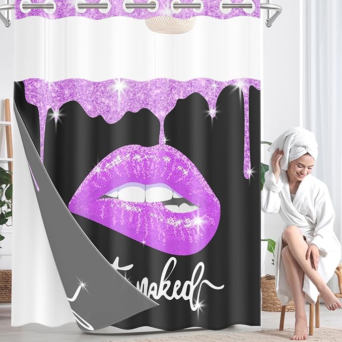 Purple Lips No Hook Shower Curtain with Snap in Liner, Diamond Glitter Get Naked Black Bath Curtain with Double Layers Waterproof Fabric and Mesh Top Window 71x74 Inch
