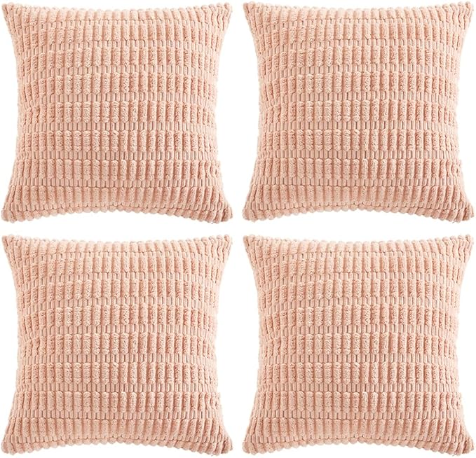 Fancy Homi 4 Packs Boho Pink Decorative Throw Pillow Covers 26x26 Inch for Living Room Couch Bed Sofa, Rustic Modern Farmhouse Home Decor, Soft Plush Corduroy Cute Square Cushion Case 66x66 cm