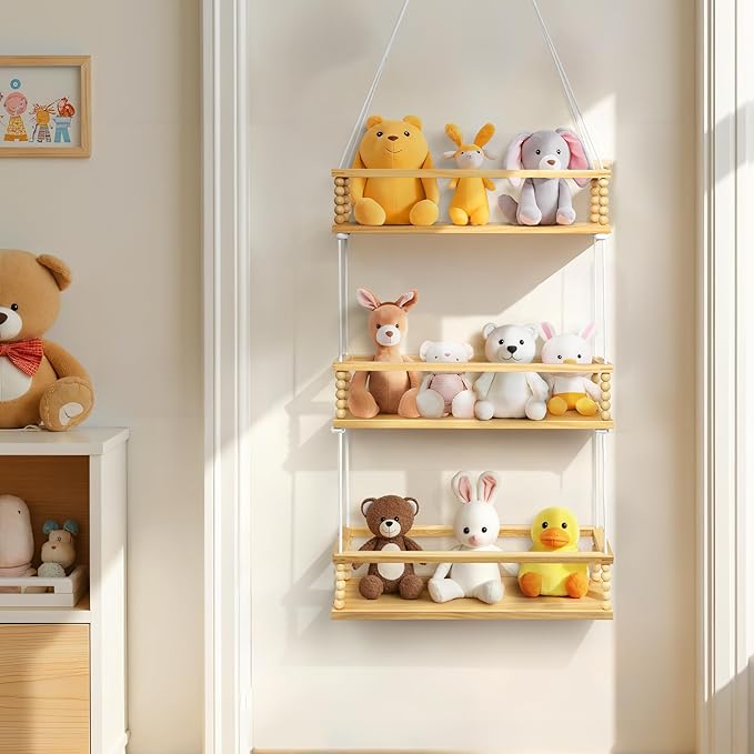 Gronda Stuffed Animal Storage 3 Tier Hanging Toy Organizer Adjustable Stuffies Animals Hammock Plush Holder Nursery Decor Wooden Floating Shelf for Kids Room Bedroom Living Room Nursery