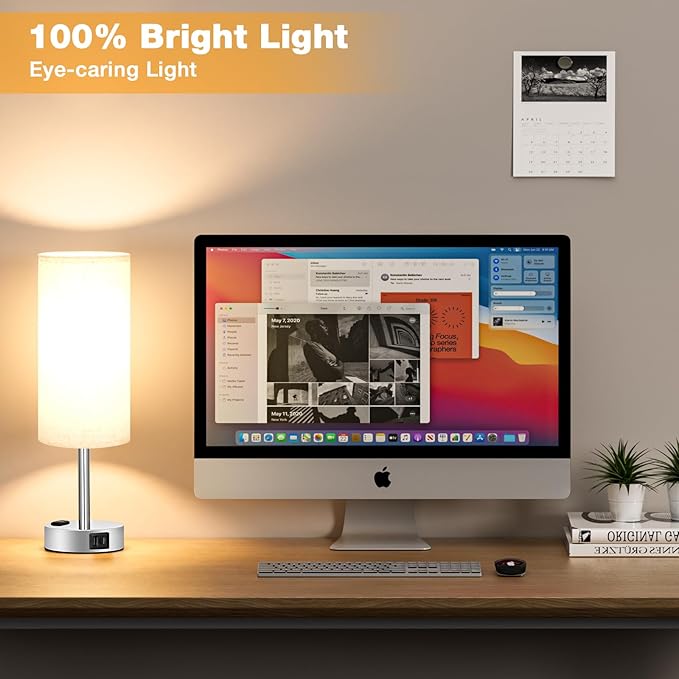 Light Beige Touch Nightstand Lamps Set of 2-3 Way Dimmable Bedside Table Lamps for Bedroom with USB C and A Ports, Small Desk Lamps with AC Outlet for Kids Dorm Nursery