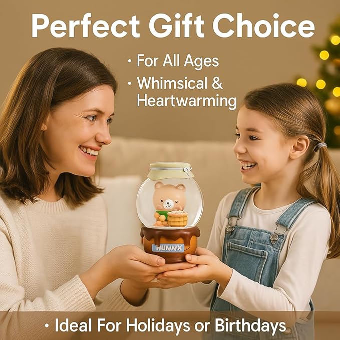 Cute Bear Snow Globe for Kids, 100MM Glass Resin Snowglobes with Honey Jar Base, Eye-Catching Collectible Gift for Girls Women, Bedroom Decor or Birthday