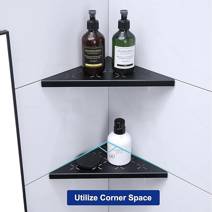 12" Corner Shower Shelf, 1-Pack Shower Shelves SUS304 Stainless Steel Bathroom Shelves for Tile Walls, Recessed Corner Shelf Organizer Rack, No Drilling (Matte Black)