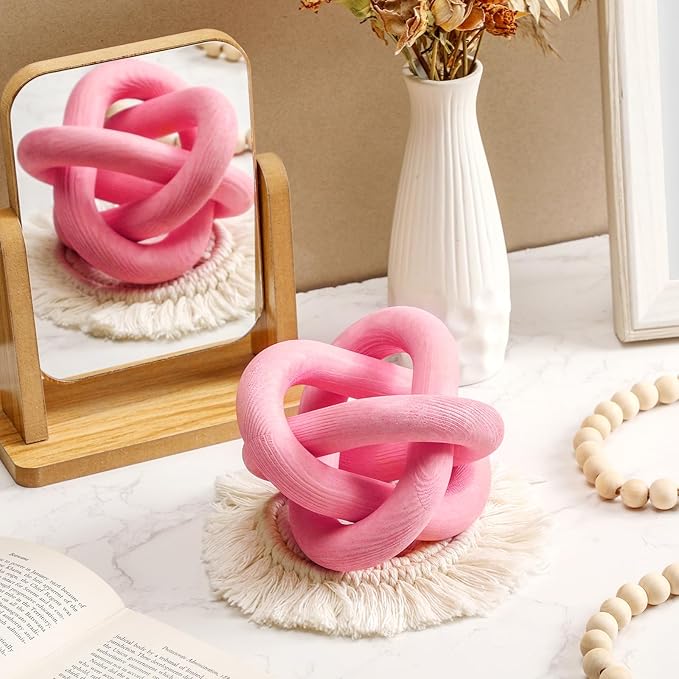 Yalikop 3 Link Wood Knot Decor - Hand Carved Coffee Table Decoration, Boho Chain Link Decor, Modern Shelf, Rustic Objects for Home Living Room Bedroom(Pea-Pink)