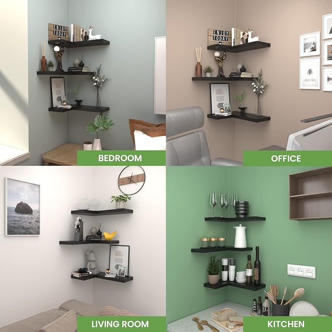 NATURE'S SOURCE Corner Floating Shelves with Invisible Brackets, Corner Shelves Wall Mounted Set of 3, Bedroom Bathroom Kitchen Living Room Office- Gothic Style 17" x 6" (Black)